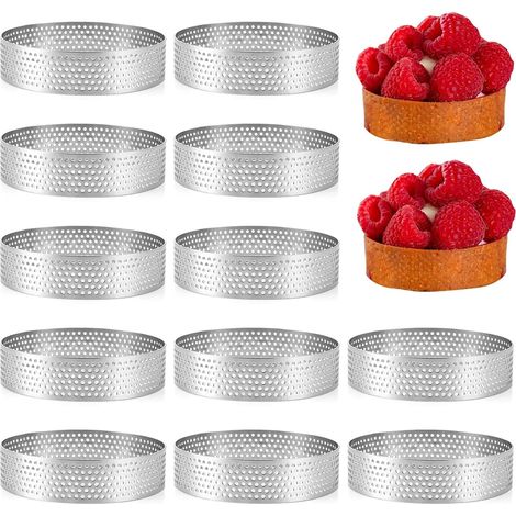 Set of 12 Perforated Tart Circles 8 cm - Stainless Steel Pie Tart Tin Height 2 cm - Dessert Circle for Mousse, Quiche, Pie and Dessert - Baking Accessory (1/5)