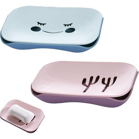2-Piece Soap Dish with Drainage, Non-Slip Design Soap Holder, Soap Dish for Bathroom, with Anti-Slip Design, for Kitchen (Smiling Blue, Cactus Pink) (1/5)