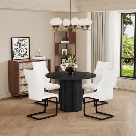 Ensemble table ronde 100 cm et 4 chaises salle à manger – MDF noir, pieds cylindriques, fixation Velcro, chaises blanches motif losange (1/4)