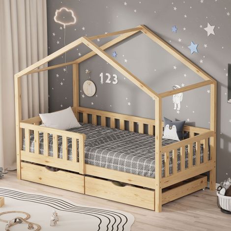 ML-Design Kinderbett Hausbett 80x160 cm Natur mit 2 Schubladen, Holzbett mit Rausfallschutz, Lattenrost und Dach, Spielbett aus Kiefernholz für Kinder, Montessori Bodenbett Bettgestell Bettenhaus Bett (1/5)
