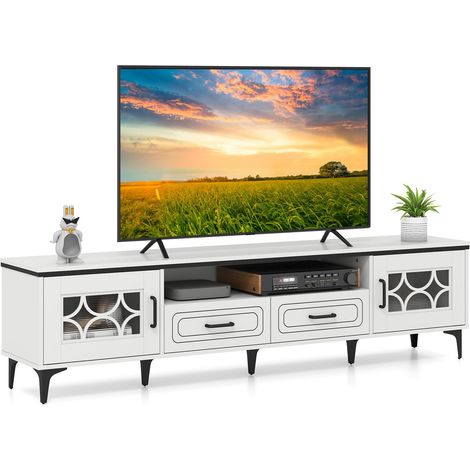 Mobile TV per TV fino a 80", 180,5 x 35 x 46 cm con 2 cassetti, 2 armadietti e scomparto, 7 gambe rialzate in metallo, per soggiorno, bianco (1/5)