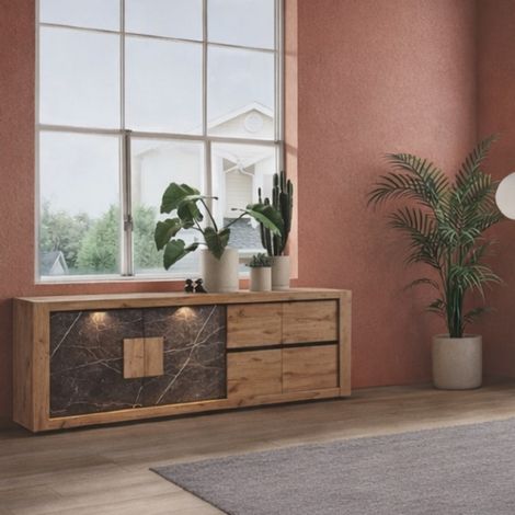 Buffet moderne bois et marbre avec LED 240cm RACHA (1/5)