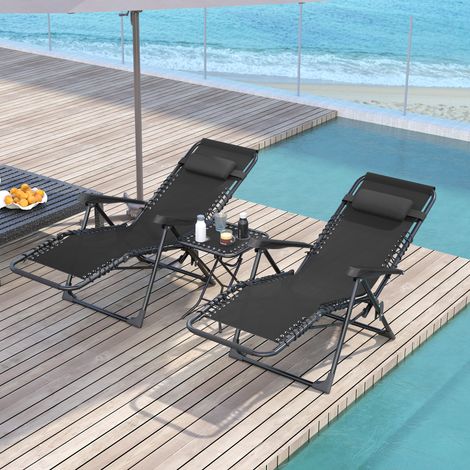 Lot de 2 chaise longue pliable et inclinable avec table d'appoint. porte-gobelets et appuie-têtes. charge 120 kg. noir