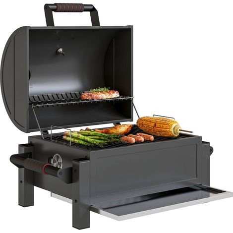 Barbecue à charbon avec couvercle, grille de maintien au chaud, bac à cendres et thermomètre, antirouille, dimensions 67 x 53 x 55 cm, couleur noir et rouge