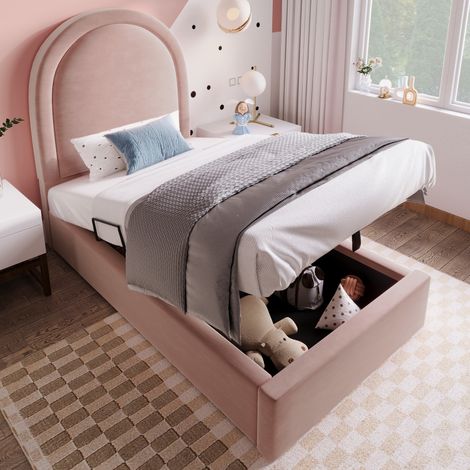 Cama Tapizada 90x200 Cm Diseño Elegante Terciopelo Rosa (1/5)
