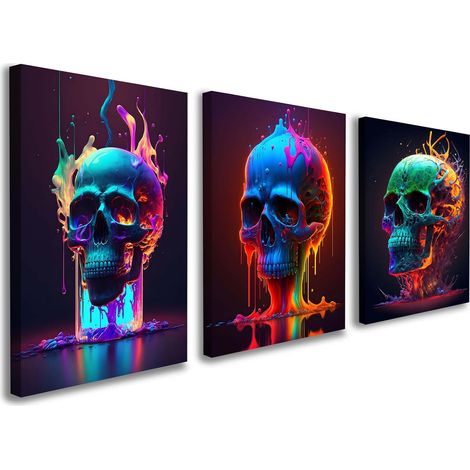 Lot de 3 tableaux muraux modernes – Tête de mort multicolore sur toile aux couleurs néon – Impression d'art avec cadre pour salon, chambre à coucher ou chambre d'adolescent – Images décoratives sur (1/5)