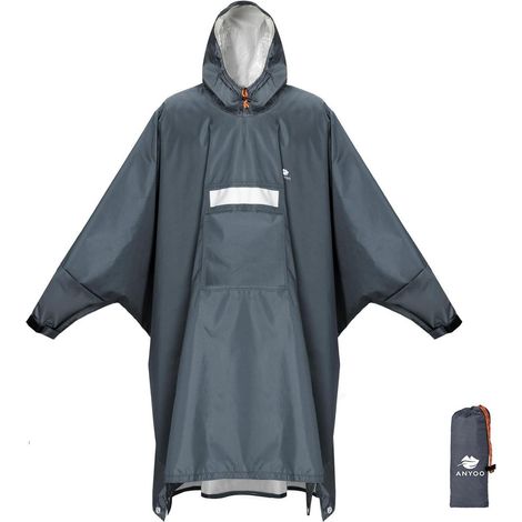 Regenponcho mit Kapuze, wasserdicht, atmungsaktiv, mit reflektierenden Streifen, Einheitsgröße Grau (1/5)