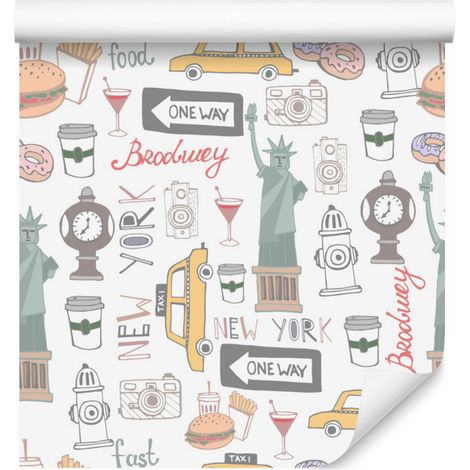 Papel pintado con símbolos de Nueva York para salón y dormitorio, 50x1000 cm. (1/5)