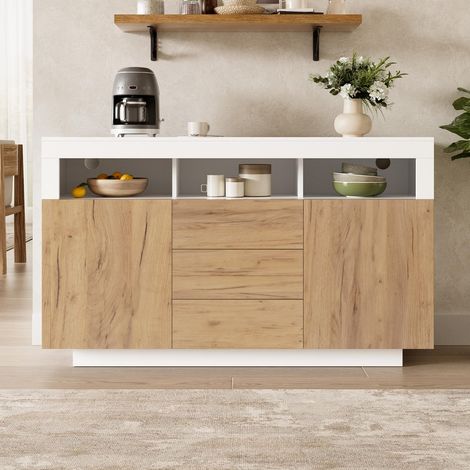 Buffet bahut 140x40x85 cm, Meuble de rangement commode pour salon cuisine entrée, en bois avec 3 tiroirs et 2 portes, Blanc et Naturel (1/5)