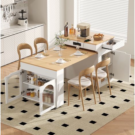 Table de cuisine extensible avec îlot, roulettes et prises intégrées, blanche OKMYHOME (1/5)