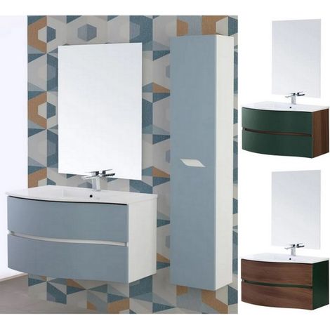 Bagno Italia Mobile bagno sospeso 90 cm ad onda lavabo specchio verde con cassetti noce (1/5)