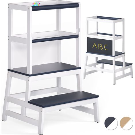 Tour d'apprentissage Montessori en bois de pin – Hauteur 93 cm – Tableau noir double-face – Marchepied 2-en-1 – Sécurisée et stable – Spielwerk