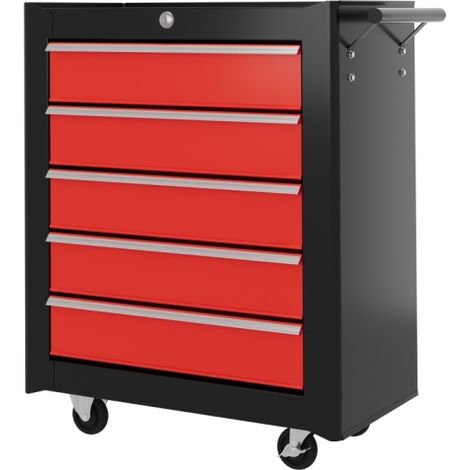 Red 5-Drawer Tool Chest on Wheels, Lockable Steel Storage Cabinet with Handle, 2 Keys for Garage and Workshop Organization.