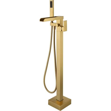 Robinet de baignoire autoportant en laiton brossé, robinet de salle de bain à poignée unique avec douchette à main, montage au sol