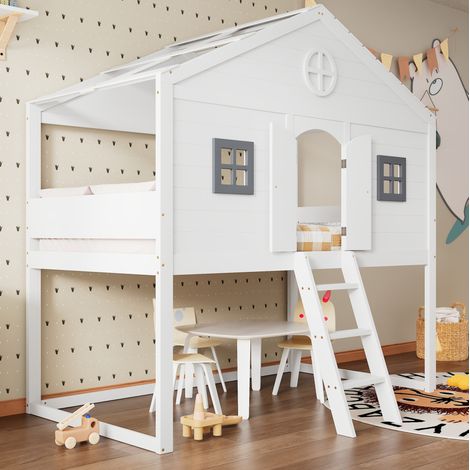 Lit mezzanine 90 x 200 cm cabane en bois blanc et gris avec escalier et barrières de sécurité (1/5)
