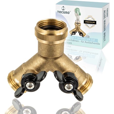 tecuro 2-Wege Y-Verteiler 3/4 Zoll mit 2 Absperrhähnen - für Auslaufventile Messing blank (1/4)
