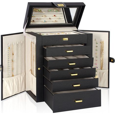 Grande boîte à bijoux fonctionnelle avec grand miroir, étui de rangement en cuir pour femmes et filles pour bagues, colliers, boucles d'oreilles, bracelets (1/5)