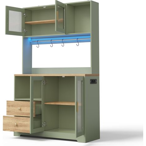 Armoire haute de cuisine 178 cm avec éclairage LED RGB, prises intégrées et plateau renforcé couleur verte effet bois (1/5)