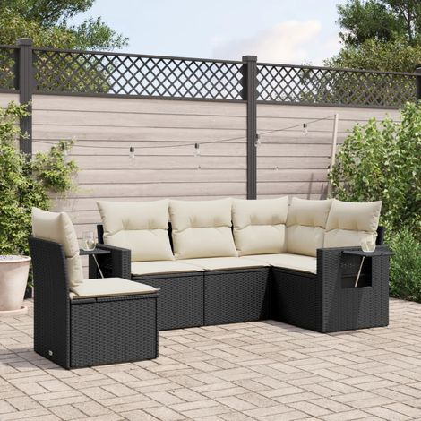 Ensemble Salon Jardin 5 Places Noir Résine Tressée avec Coussins Crème - Canapé d'Angle Modulable (1/4)