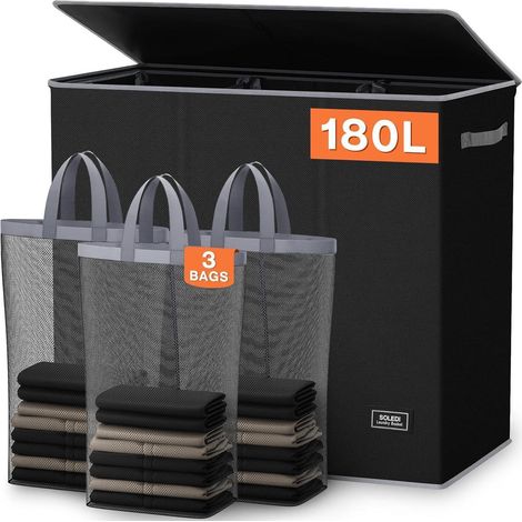 Wäschekorb 3 Fächer 3 Wäschesack 3x60L Deckel 180 Liter Schwarz (1/5)