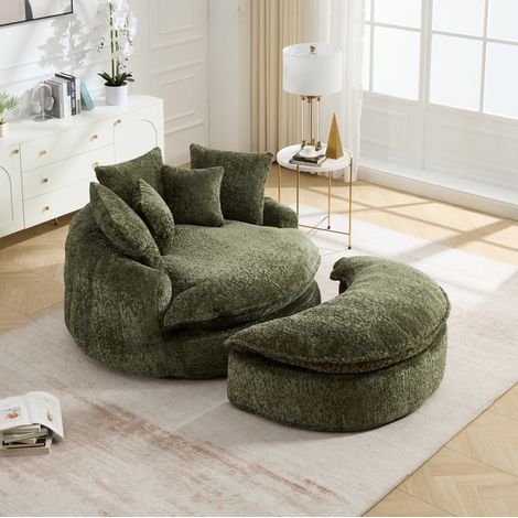 Runder Lounge-Sessel 190,5×138×63 cm aus olivgrünem Polyester mit Hocker – MEUBLIV (1/5)