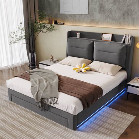 Upholstered Bed, King Size Bed 150x200, Hydraulic Bed, 2-in-1 Storage Drawers, Recessed LED Light Strips on Both Sides of the Bed, Velvet,Dark grey