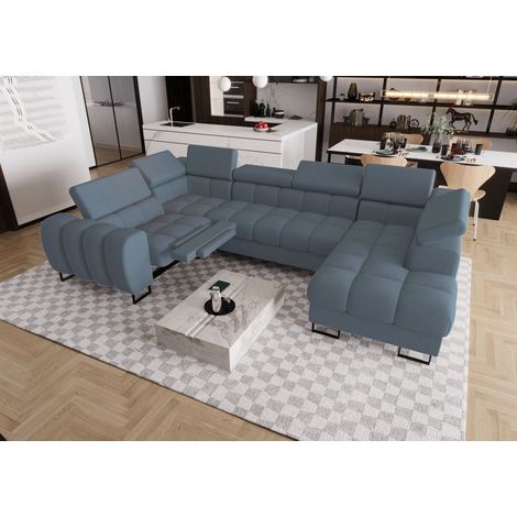 Wohnlandschaft Schlafsofa BASTIEN RELAX in Stoff Gemma Blau Ottomane Rechts