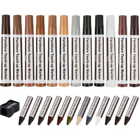 Wood Repair Kit, 25pcs Wooden Furniture Repair Kit with Pencil Sharpener, Furniture Repair Kit Wood Markers Touch Up Markers and Wax Sticks for Stains, Scratches, Floors, Table (1/5)