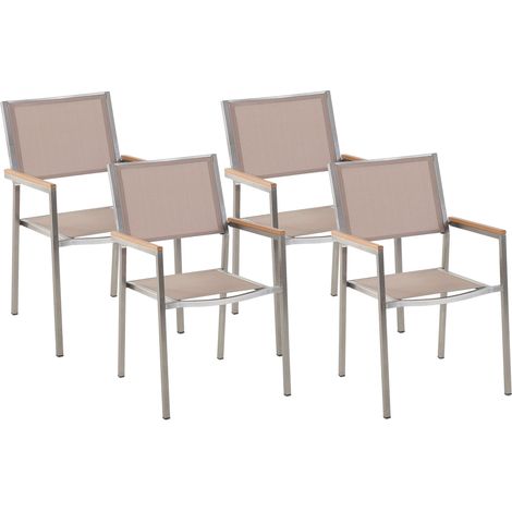 Conjunto de 4 sillas de jardín beige plateado asiento textil patas de acero inoxidable apilable moderno comedor exterior Grosseto