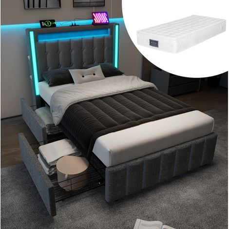 DESVIAE Lit simple rembourré 90 x 200 cm avec LED USB Type C 2 tiroirs tête de lit de rangement sommier à lattes en bois gris (1/5)