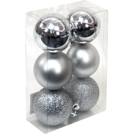 Packung mit 6 Weihnachtskugeln Ø8cm (2 glänzend, 2 matt und 2 glitzernd) aus silbernem und goldenem Kunststoff