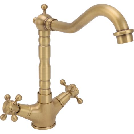 Robinet de salle de bain en laiton antique européen à double poignée et bouton en croix, robinet de cuisine avec eau chaude et froide (1/5)