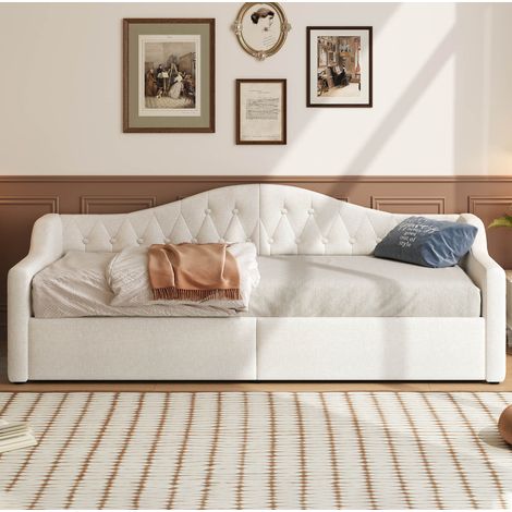 Cama dormitorio tapizada con LED y almacenaje beige OKMYHOME (1/5)