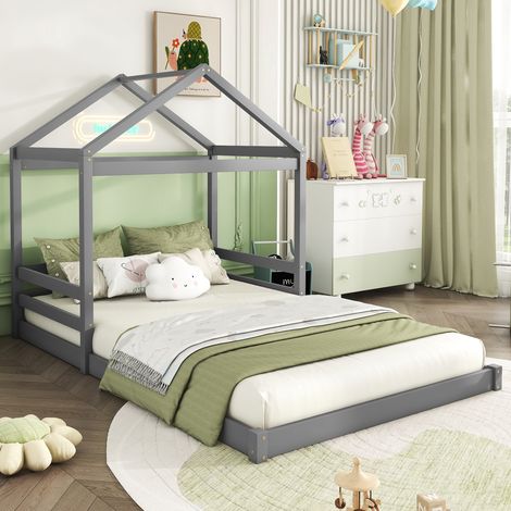 Lit cabane enfant 140/200 cm gris en bois de pin avec sommier à lattes (1/5)
