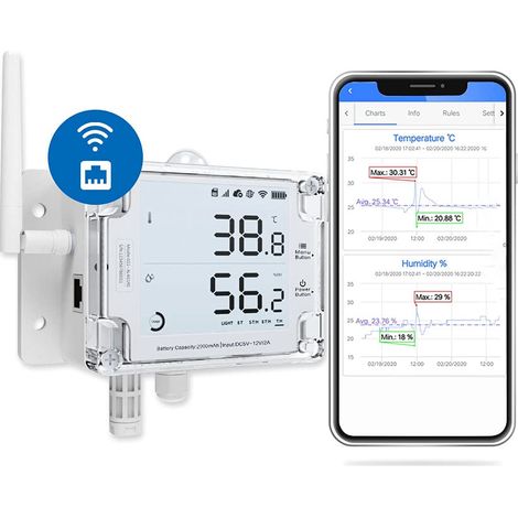 Thermomètre et hygromètre numérique, moniteur de température et d’humidité wifi, enregistrement de données de température à distance (Wifi 2,4 GHz et câble Ethernet RJ45) (1/5)