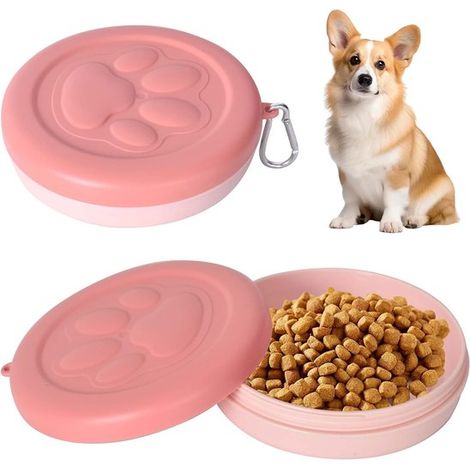 Juego de 2 comederos plegables de silicona rosa para mascotas con tapa – Comedero de viaje a prueba de fugas con mosquetón, para perros y gatos