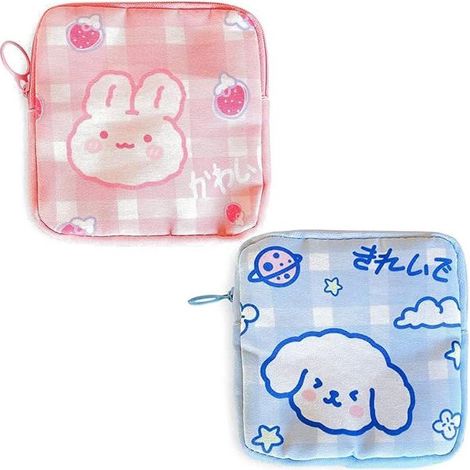 Étui de rangement portable 2 pièces pour serviettes hygiéniques, motif animal cartoon (Rose+Bleu), pochette organisatrice de protections périodiques pour femme, adolescente, sac menstruel pratique (1/5)
