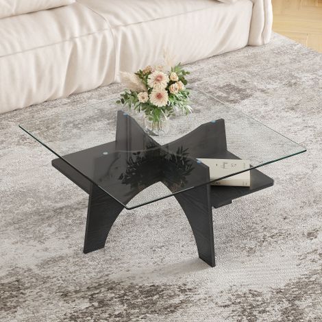Table d'appoint / table basse moderne de forme carrée en verre de sécurité – 80 cm de côté. Pieds en MDF aspect bois noir. Idéale pour la salle à manger, le salon, le bureau, etc.