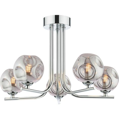 Dar Cradle Plafonnier semi-encastré Cradle à 5 lumières, finition chrome poli et verre fumé organique fermé