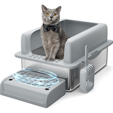 Bac à litière XL chat acier inoxydable – Rebords hauts 8 pouces – Anti-odeur – Nettoyage facile – Pelle métallique et tapis inclus – Pour grands chats type Maine Coon – Gris foncé, 8 pouces (1/5)