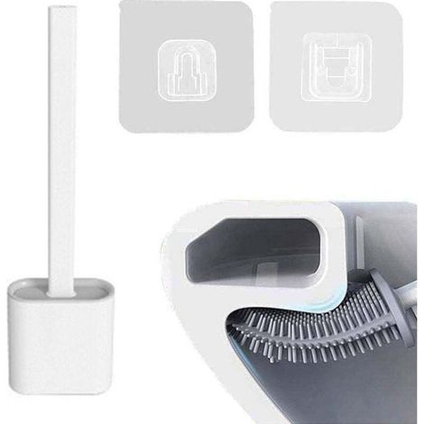 Brosse de toilette en silicone flexible avec support, poils en silicone souple Brosse de toilette de salle de bain nettoyante en profondeur robuste et ensemble de supports à séchage rapide, longue poi (1/4)