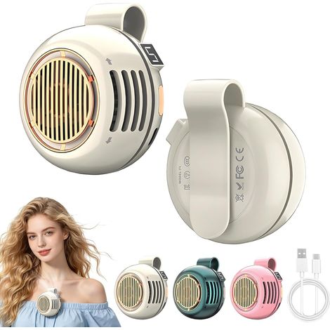 2PCS Portable Bladeless Clip-On Fan, 5-Speed USB Rechargeable Fan with LED Display, 360° Rotatable for Travel & Office,Beige (1/5)