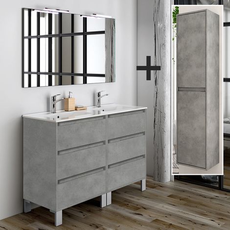 Ensemble meuble de salle de bain 120cm double vasque + colonne de rangement - ciment (gris) - TIRIS (1/5)
