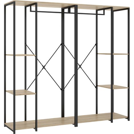 Portant à vêtements double penderie de structure métallique avec 5 étagères de rangement, coloris naturel/noir - Hauteur 167 x Longueur 180 x Profondeur 40,4 cm (1/5)