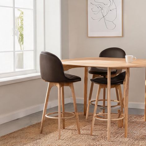 Tabourets de bar pivotants en bois courbé et similicuir brun lot (1/5)