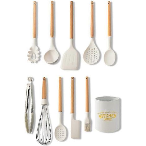 Ensemble de 10 ustensiles de cuisine en silicone avec manche en bois, couleur lait blanc : spatule, cuillère et cuillère antiadhésives. (1/5)