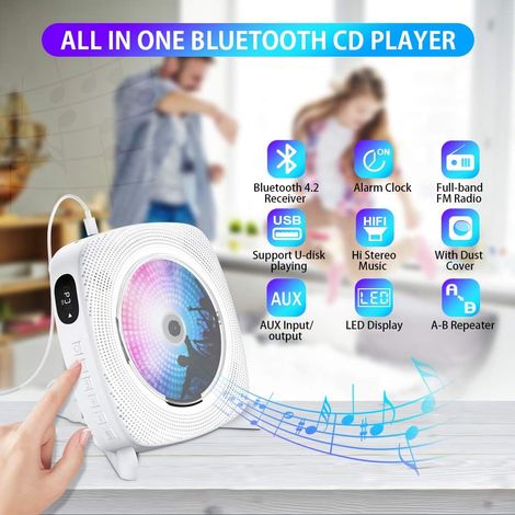 Lecteur CD Bluetooth portable monobloc haut-parleur intégré HiFi avec cache anti-poussière et télécommande et radio FM lecteur de musique MP3 USB et prise AUX 3,5 mm (blanc) - 18918969mm MNS (1/4)