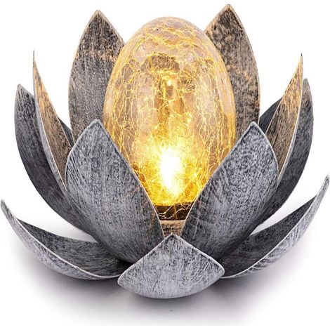 Solarbetriebene Gartenleuchten für den Außenbereich, Kugel aus Crackle-Glas in Form einer Lotusblume, wasserdichte LED-Metallleuchten in Blütenform für Terrasse, Rasen, Einfahrt, Tisch und Boden