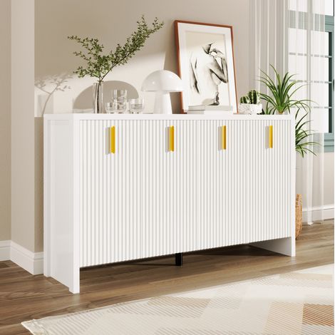 Credenza moderna bianca 140 cm con 4 ante, ripiani interni regolabili e maniglie oro, mobile soggiorno salvaspazio elegante in pannello truciolare - CHICFURN (1/5)