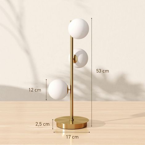 Lampe de table à 3 abat-jour globe, avec base stable en acier, douilles G9, 24 x 24 x 53 cm, laiton (1/5)